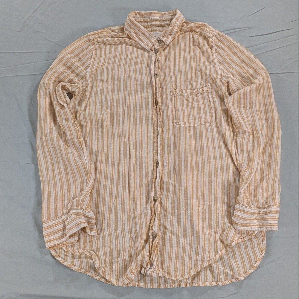 Old Navy Womens Boyfriend Shirt Linen Blend Blouse Small Button Up Stripe Beige